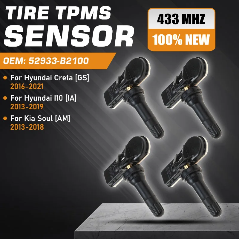 

Tire Pressure Monitoring Sensor For Hyundai Creta 2016-2021 Hyundai I10 IA 2013-2019 Kia Soul 2013-2018 TPMS 52933-B2100 433 MHz