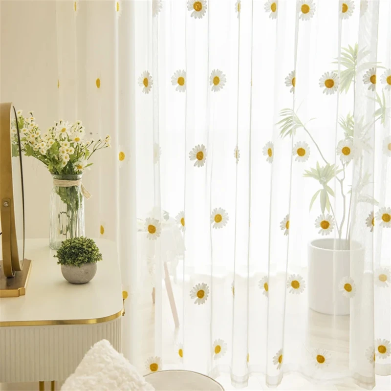 Field Yellow Daisy Embroidery White Transparent Sheer Tulle Yarn Curtain for Bedroom,Living Room,Kitchen,Modern Home Decoration