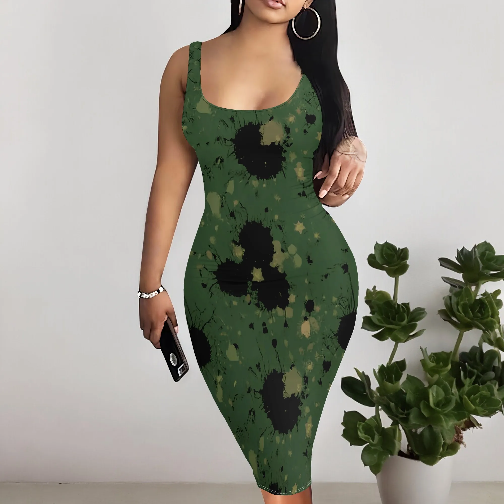 

Women's Green Paint Splatter Bodycon Midi Dress S-3XL Sleeveless Scoop Neck Urban Streetwear Party Casual Tank Dress