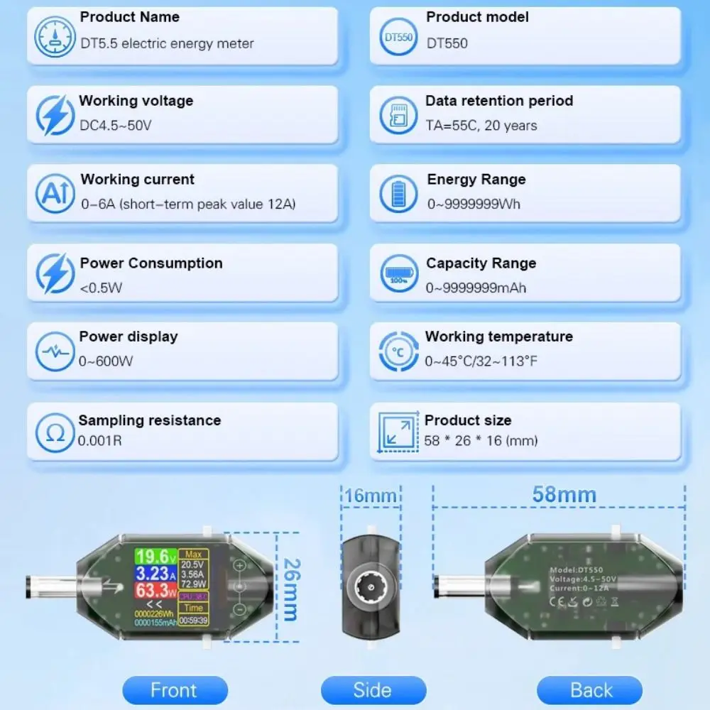 DC5.5x2.5 인터페이스 디지털 전압 전류 테스터 최대 12A 600W 디지털 전압계 DC4.5-50V 컬러 디스플레이 화면