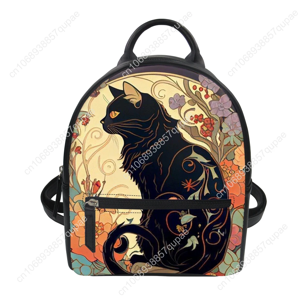 Retro literary Noble Black Cat Custom Backpack Purse Women Carter Schoolbags Double Shoulder Bag Mini Daypack Leather Travel Bag