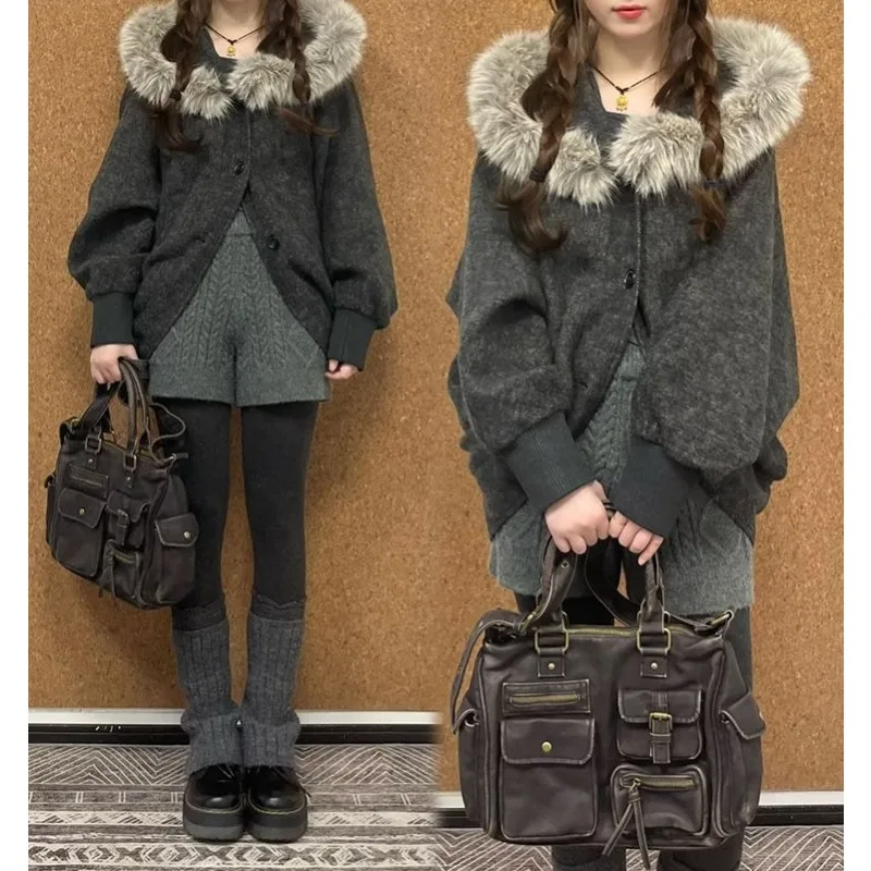 

Ретро литературный стиль, серая накидка с меховым воротником, осенне-зимняя теплая шаль, свободное короткое пальто