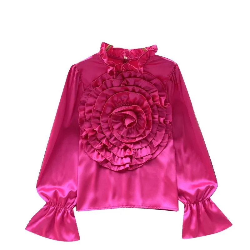 Camisa de manga larga para mujer, blusa de cuello alto, manga de linterna, Tops florales 3D finos, moda de alta gama para mujer, dama de oficina