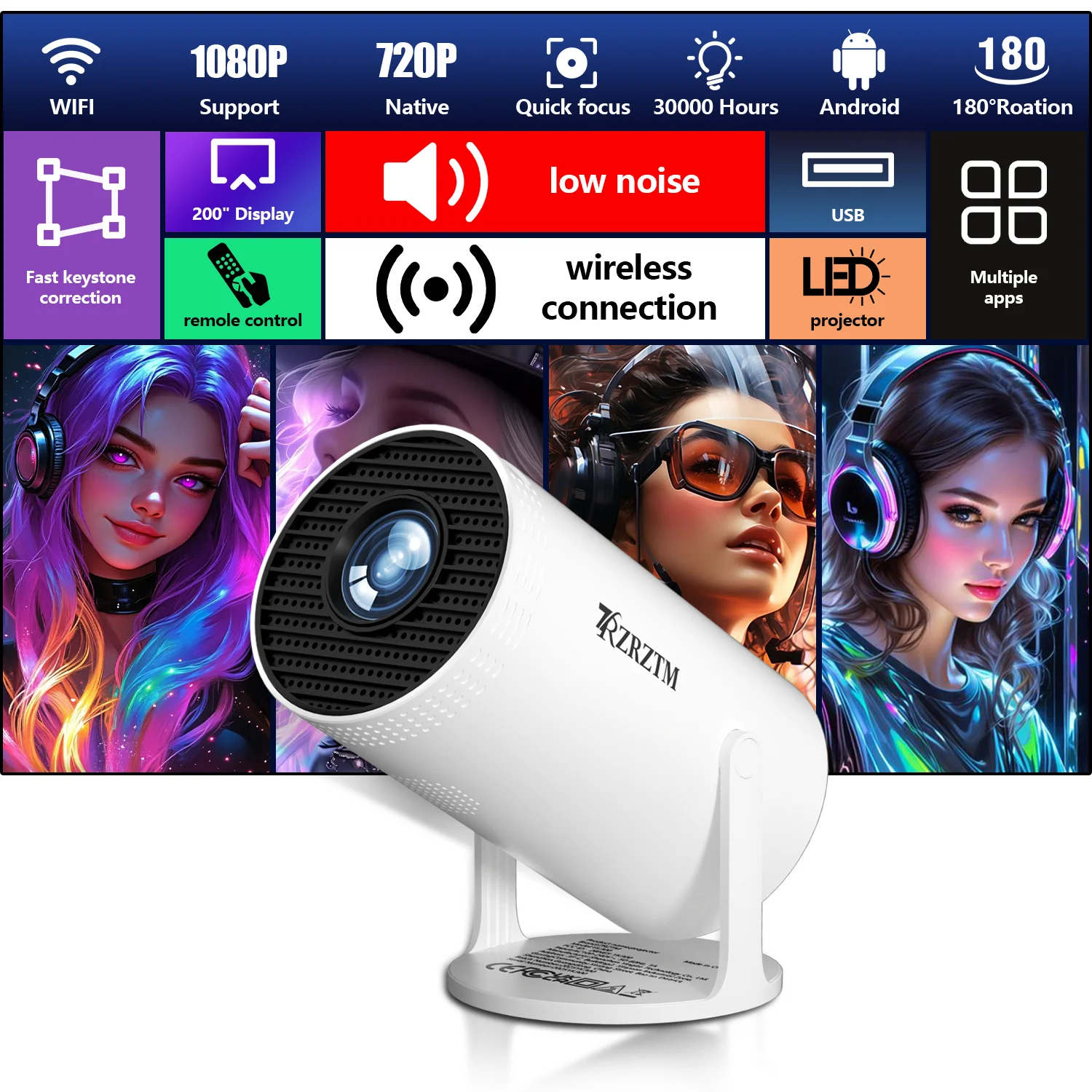 4K projector, high-definition projector, with Android system/WiFi 6, suitable for home theaters/offices, native 720p