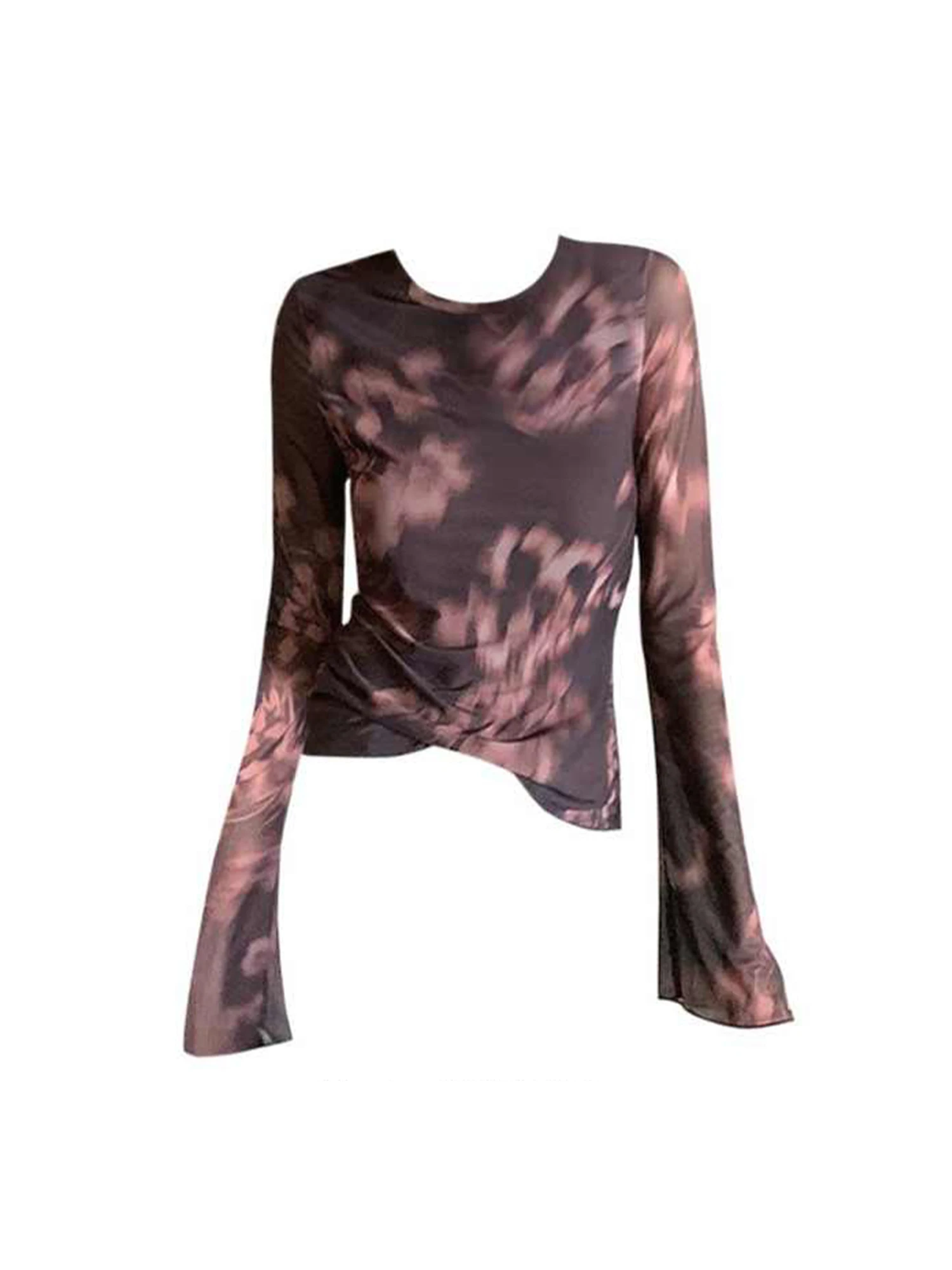 

Women Dark Brown Print T-shirt Harajuku Y2k Gyaru Flare Sleeve Mesh Tee Top Aesthetic Vintage Long Sleeve T-shirts 2000s Autumn