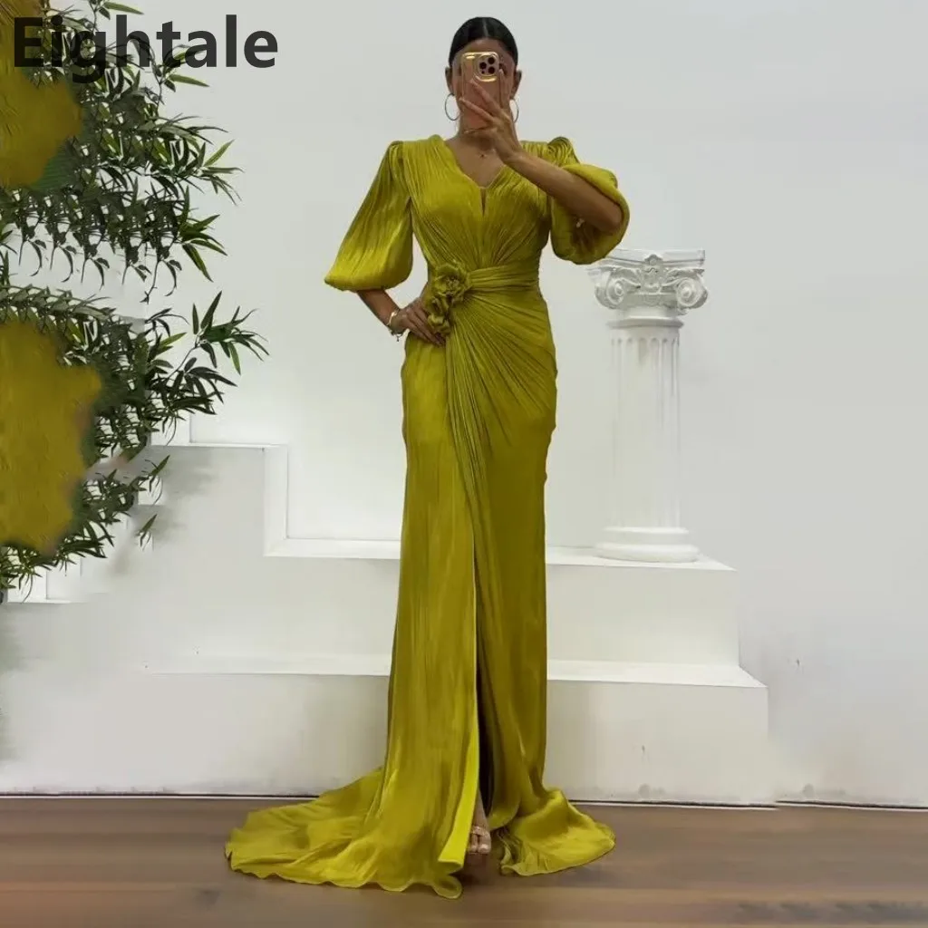 

Eightale 2025 Bright Yellow Floor Length Maxi Evening Dress For Wedding Party Puff Sleeve Formal Prom Dress Dubai Party Gown