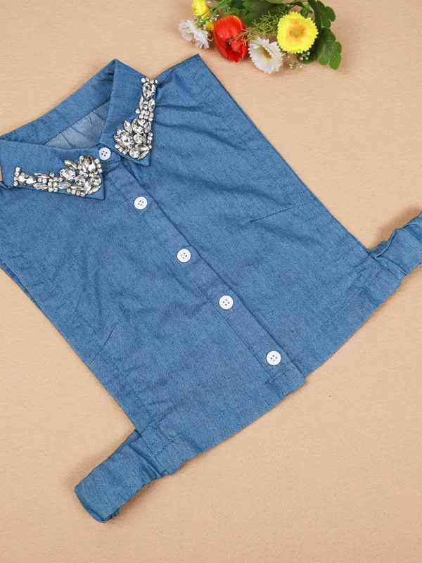 

Women's Rhinestone Embellied Denim irt Fake Collar Diamond Commute Sle Long Sve Slim Fit Pure Color Vintage irt