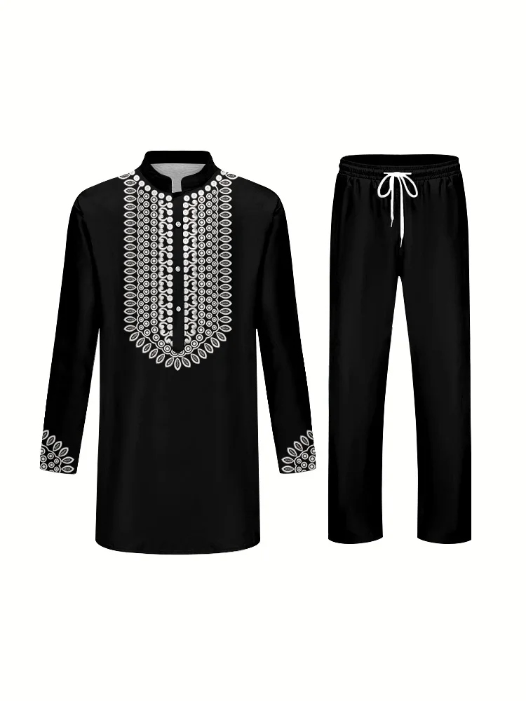 Men's Fashion Suit Long Sleeve Blouson Collar Shirt and Pants Gorgeous 3D Printed Two Piece Religious and Cultural Costumes