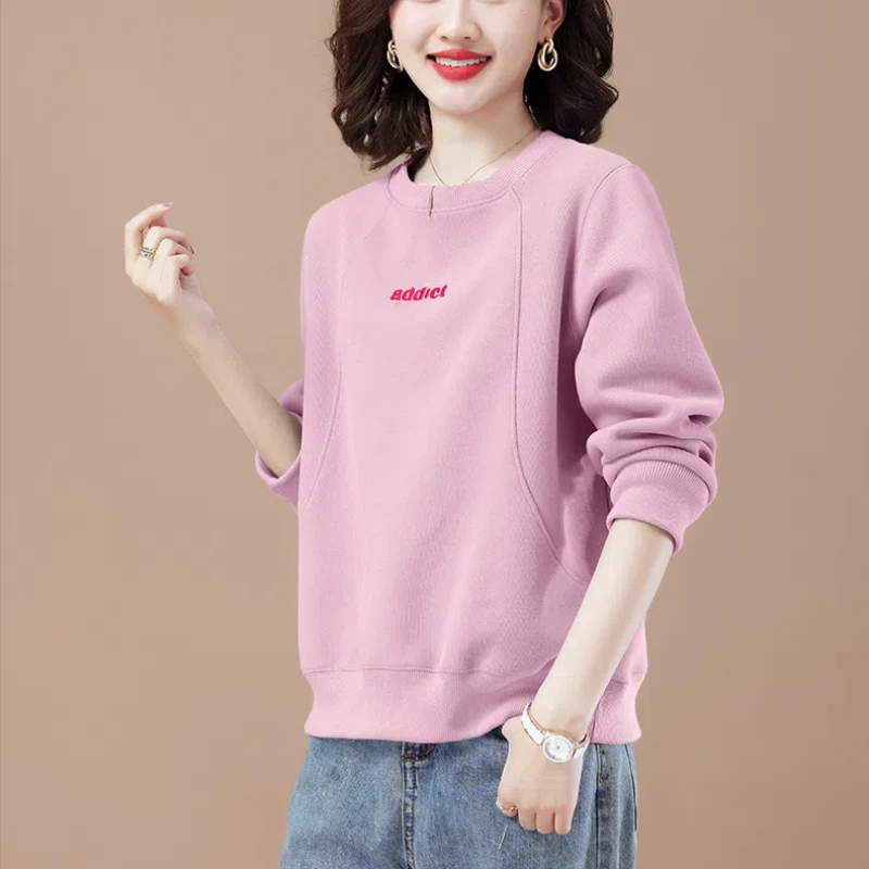 Spring and Autumn Women\'s Solid Color O-Neck Long Sleeve Spliced Embroidery Letter Loose Pullovers Classic Fashion Casual Tops