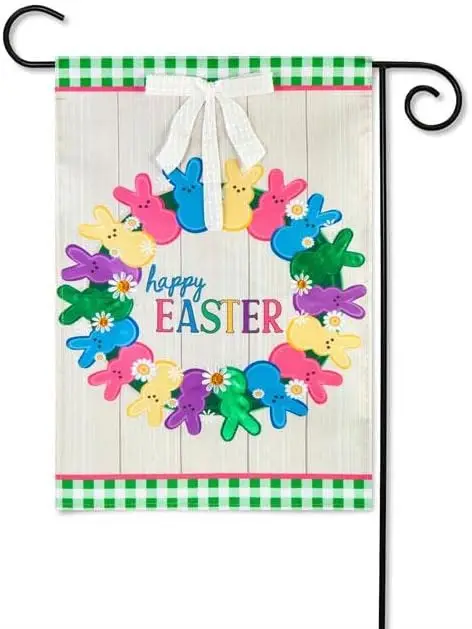 Evergreen Colorful Bunny Wreath Garden Applique Flag | Happy Easter Garden Flags For Outside 12x18 double sided | Welcome House