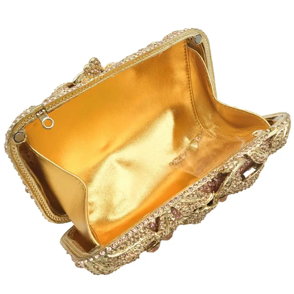 Boutique De FGG Women Champagne Evening Purses and Handbags Wedding Party Dinner Crystal Flower Clutch Bags Minaudiere Bag