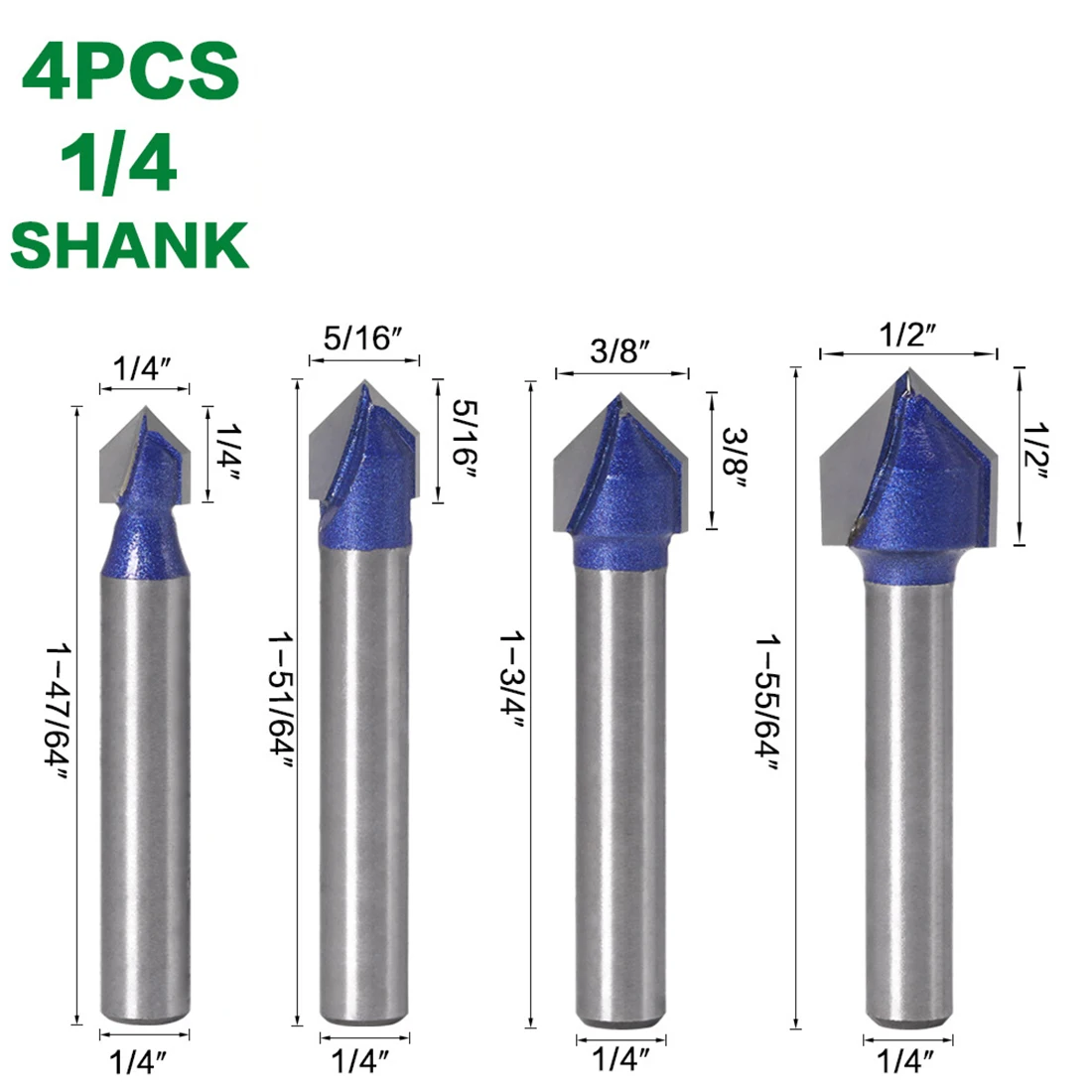 3D Router Drill Bit High-grade carbide V Groove 1/4\'\' 3D engraving 4pcs 90° Degree Cutter Double-edged Engraver