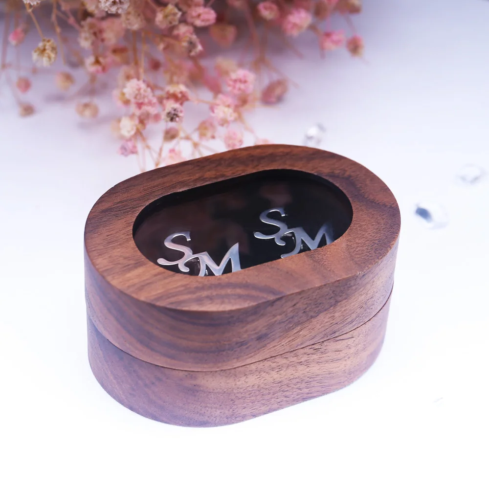 Tangula abotoaduras iniciais personalizadas, abotoaduras masculinas de aço inoxidável com caixa de madeira transparente, joias personalizadas para presentes de casamento