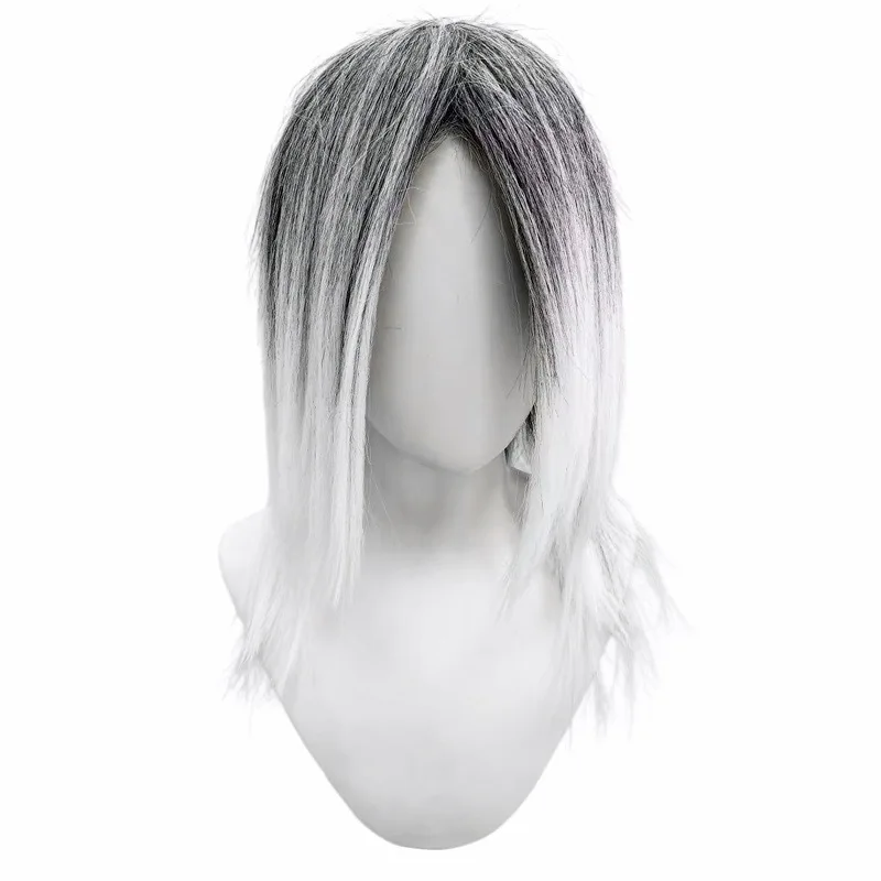 Synthetic Black White Ombre Medium Straight Layered Wig Shaggy Natural For Cosplay Halloween Party Costume Dress Up
