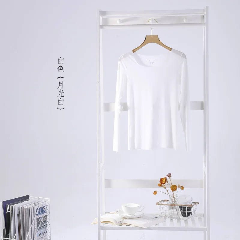 Ice Silk Traceless Women Bottom Underwear Top Spring Autumn Long Sleeved Sleepwear T-shirt One Piece Pajamas Casual Night Shirt 4