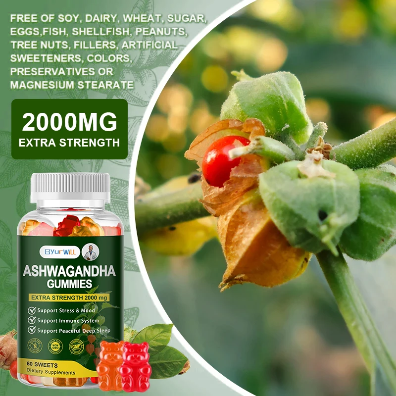 2000mg Ashwagandha Gummies 10-in-1 with GABA Maca Vitamin D3 B12 Black Pepper Extract Stress Relief Mood Sleep Immune Support