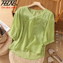 Summer Women's Clothing Shirts Blouse Casual Blusa Mujer Camisas Woman Blouses Vintage Cotton Linen Embroidery V-Neck