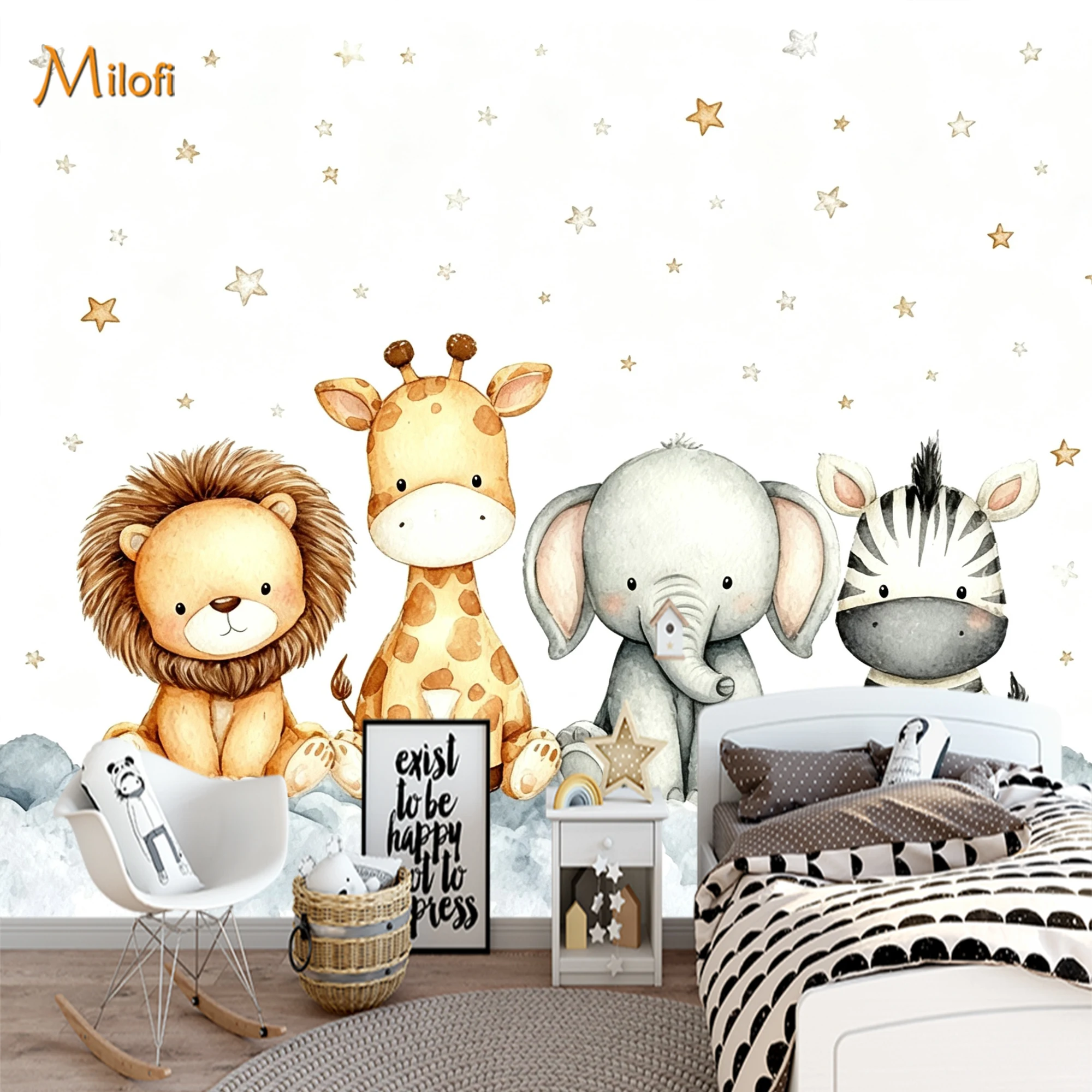 Custom Watercolor Safari Baby Animals Wall Mural Lion Giraffe Elephant Zebra Cloud Star Wallpaper Kids Peel and Stick Decor