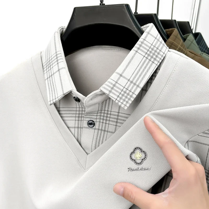 

Spring and Autumn New Lapel Men's Polo Long Sleeve Golf Comfortable Fake Two Design Business Casual Fashion Printed T-shirt Top