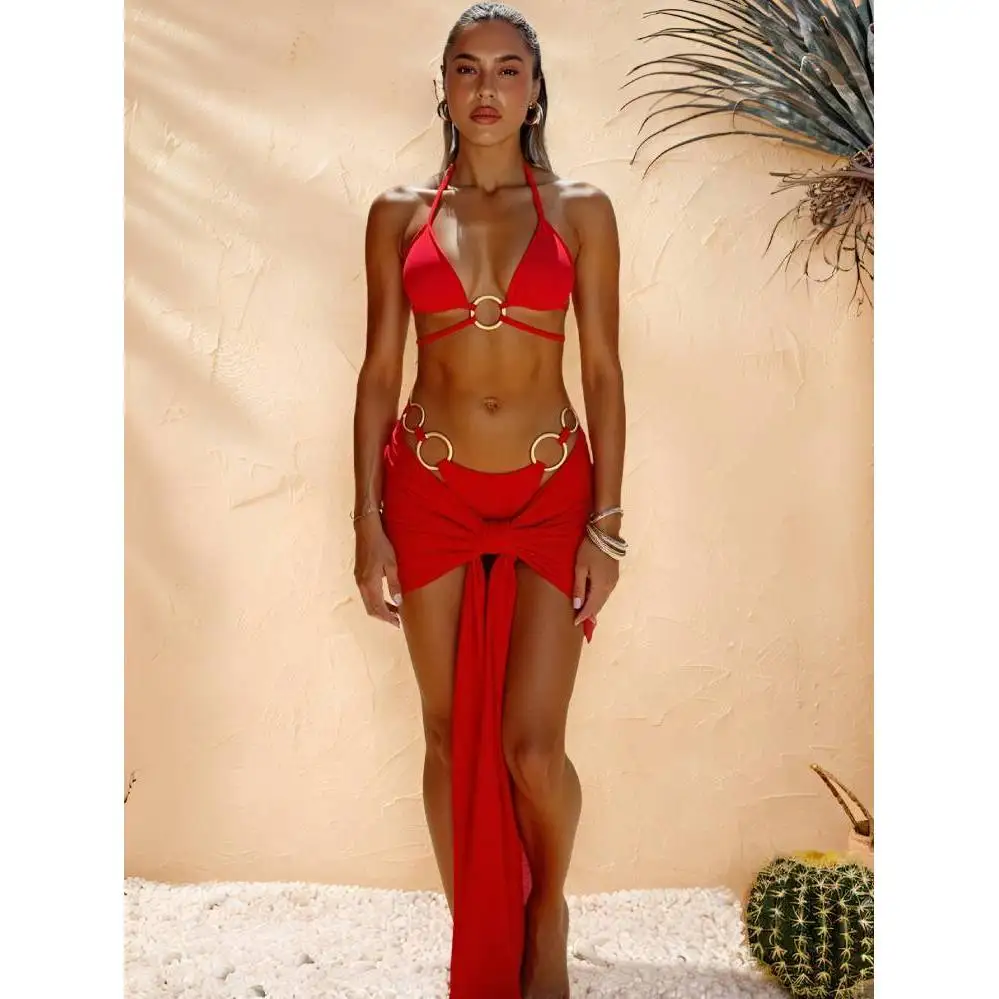 

Cikini Sexy Solid Colour Three Piece Bikinis Set Summer Beach Swimwear Bathing Suit For Women