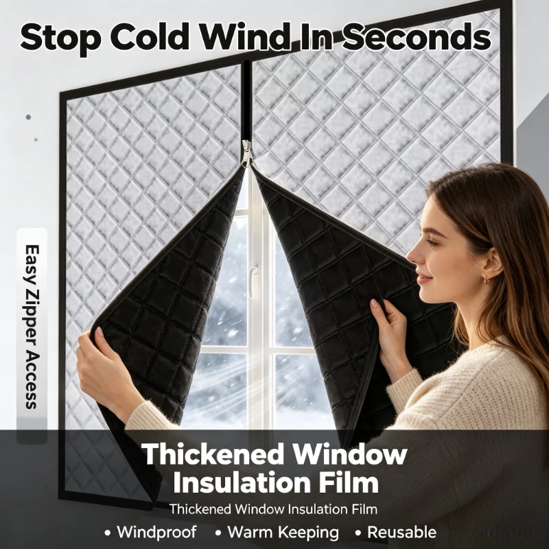 Thermal Windproof Window Curtain, Zipper Design, Punch-Free Installation, Winter Window Insulation Seal Cover