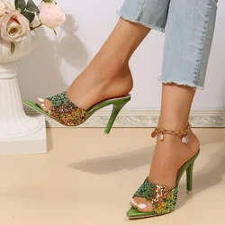 2024 New Gradual Color High Heels Sequin Sandals Summer Fashion Slipper Fish Mouth Slim Heels Large Size Women's Shoes