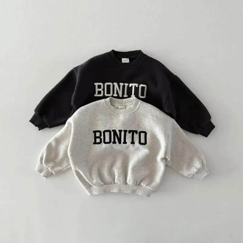 

2025 Winter New Baby Fleece Sweatshirt Letter Embroidery Boys Girls Warm Pullover Plus Velvet Thick Kids Casual Sweatshirt