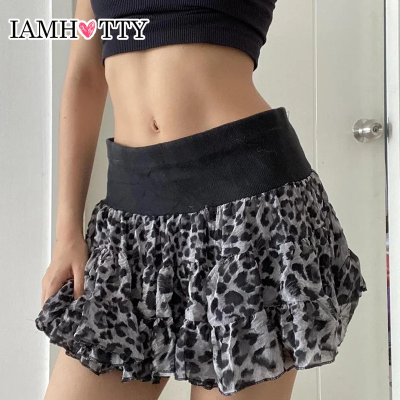 IAMHOTTY Leopard Print Mesh Patchwork Mini Skirt High Waist A-line Double Layer Skirts Fairycore Grunge Bottoms Y2K Streetwear