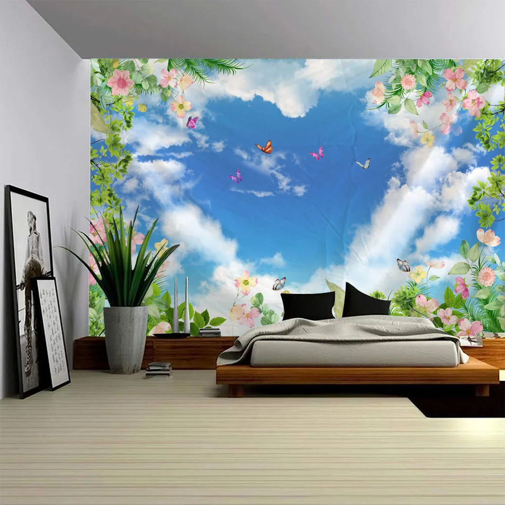 White Cloud Sky Tapestry, Grassland Flower Butterfly Landscape Wall Hanging Home Ceiling Background Cloth Room Decoration