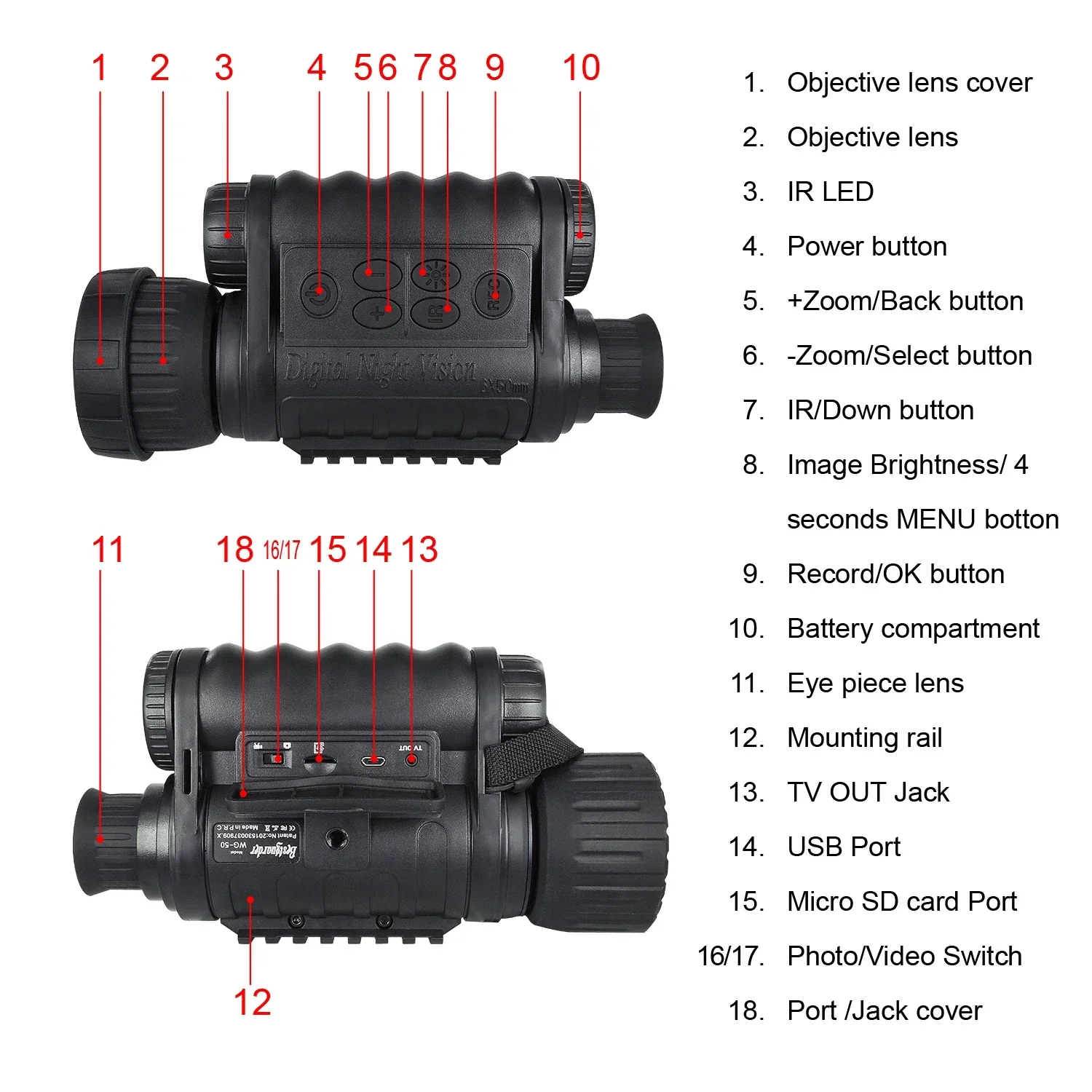 Caméra de vision nocturne monoculaire WG-50 infrarouge 12MP 720P n'aime numérique 5X HD WIFI télescope portable pour la chasse de sécurité