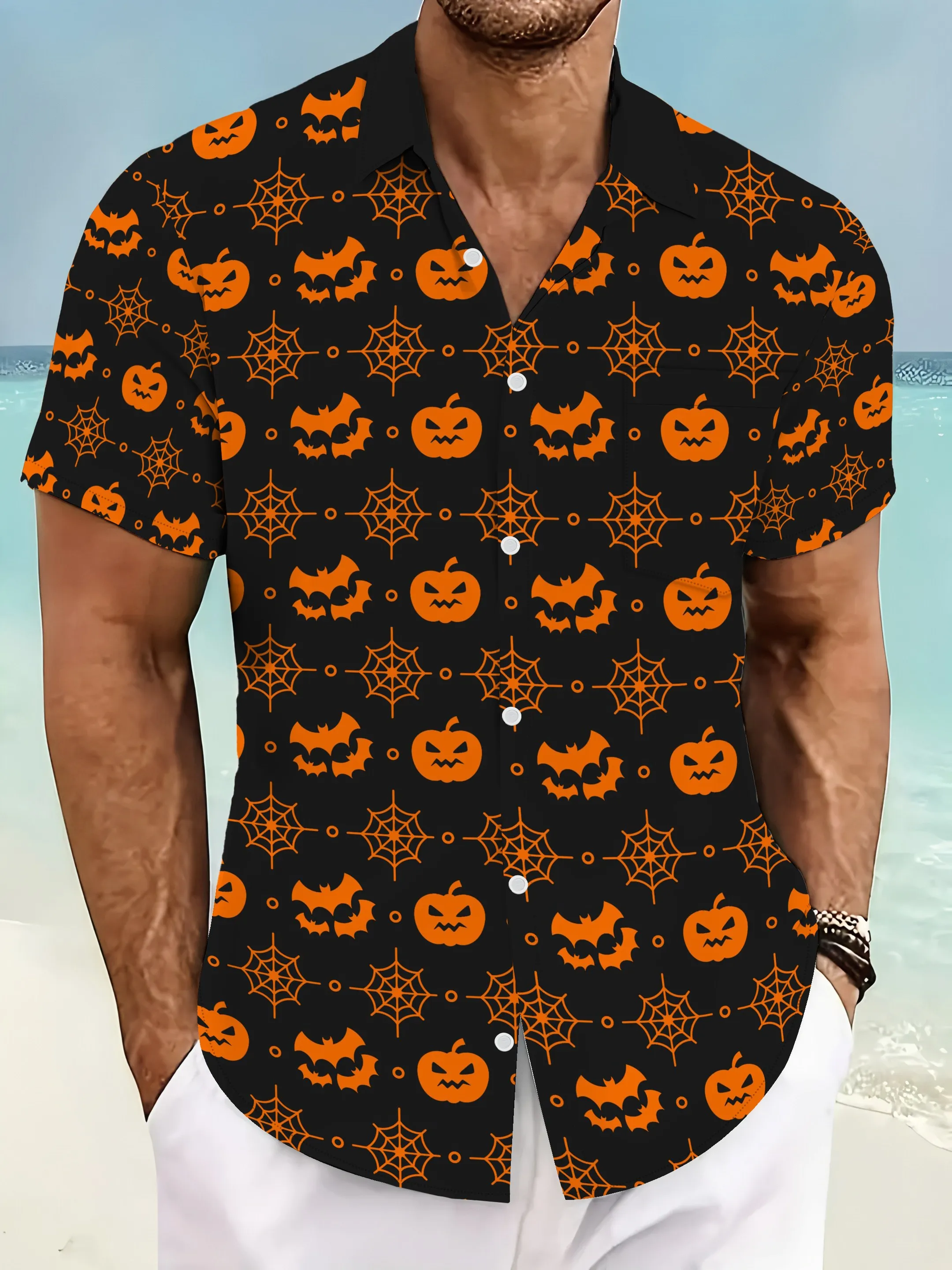 Men's Shirt Halloween Pumpkin Bat Cobweb All Over Print Black Base Short Sleeve Holiday Party Trend Casual Mens Clothing