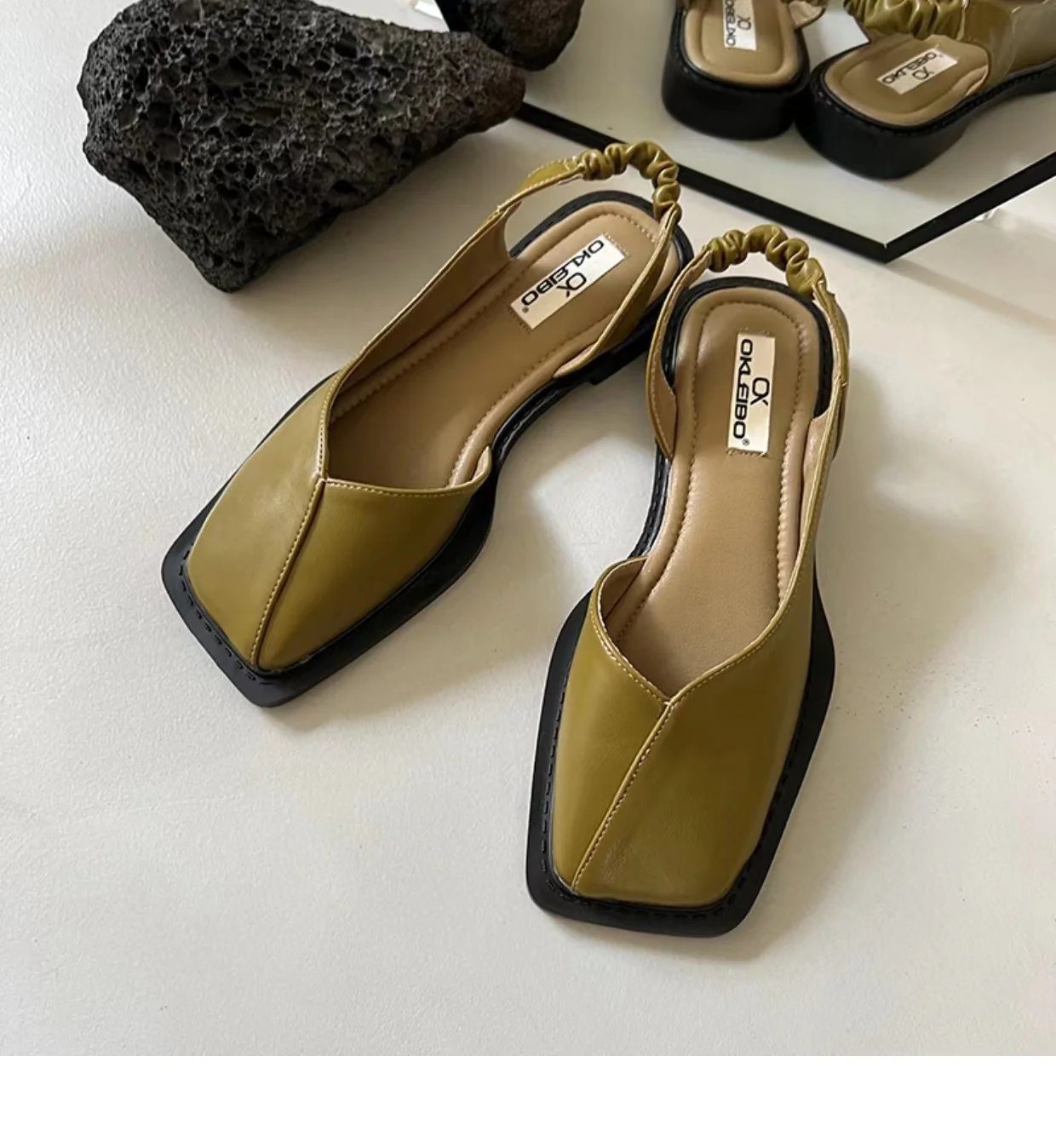 Hot Flat Square Toe Single Shoes Leather Shoes Spring Summer Sandals Elastic Rear Strap Mary Jane Shoes Woman Solid Color