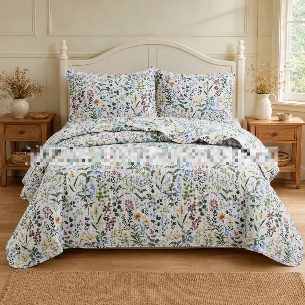 Oversized 100% Cotton Floral Printed Quilt Bedspread Set 3Pcs - Lightweight Reversible Coverlet Use for King/Queen Bed