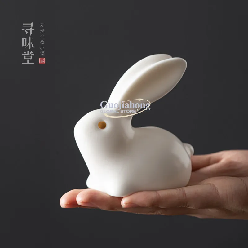 White Jade Ru Kiln Jade Rabbit Small Ornament | Retro Open Ru Porcelain  Pet  Room Table Jewelry Ceramic Little