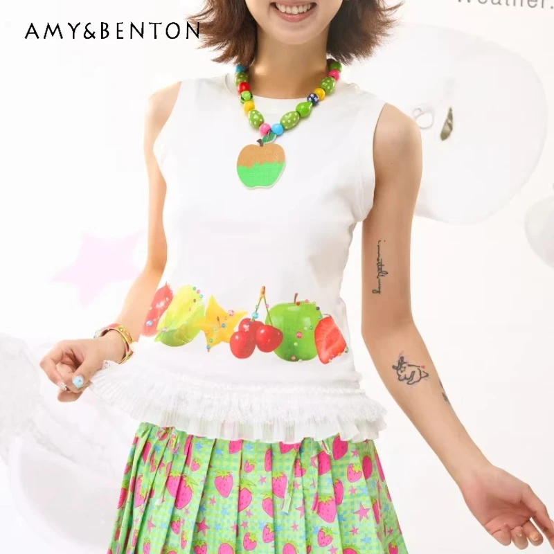 

Original Design Fruit Printing Lace Hem Women's T-shirt 2026 Spring Summer New Sweet Cute Versatile Sleeveless Tank Top Ladies