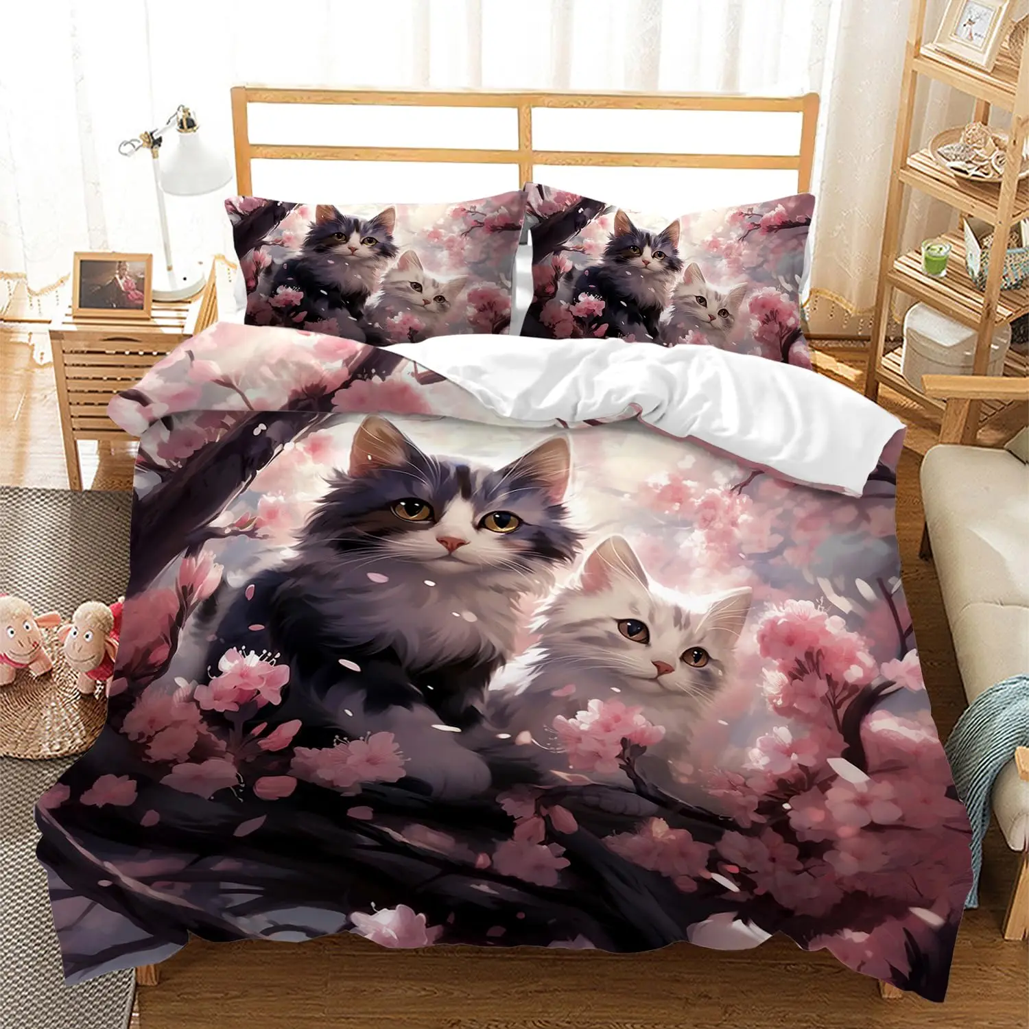 猫と花の掛け布団カバー-クイーン-キングサイズ-軽量キルトカバー-枕カバー2枚付き-春の動物をテーマにした寝具セット-キルトなし