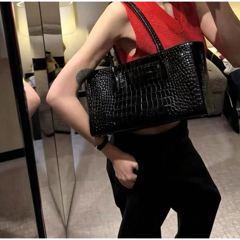 Handtasche mit Krokodilleder-Prägung und Obergriff, Luxuriöse Grüne Tragetasche, Vielseitige Schicke Alltags-Schultertasche für Frauen – Detail 38