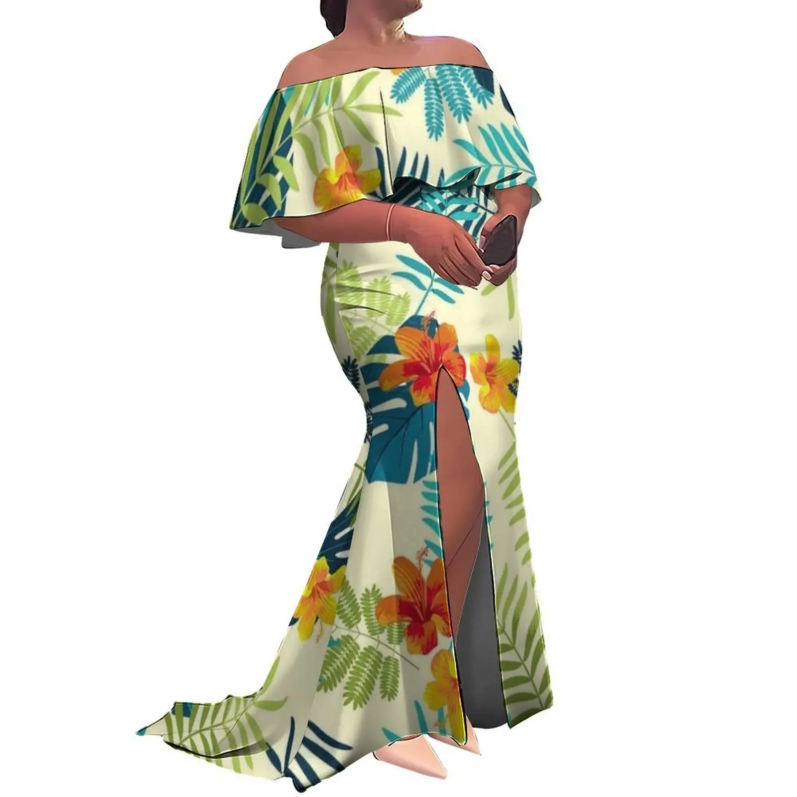 

Custom-Made Polynesian Summer Lotus Leaf Collar And Hibiscus Flower Slimming Long Floor-Length Slit Women'S Dress