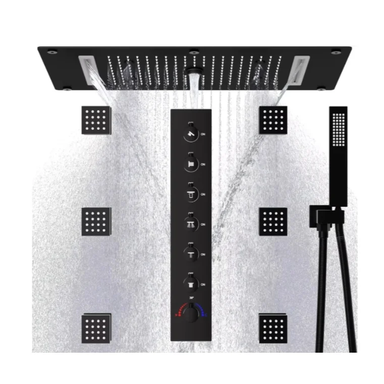 

Роскошный матовый черный душевой набор, 6-функциональная массажная термостатическая душевая система с дождевой системой и форсунками для тела