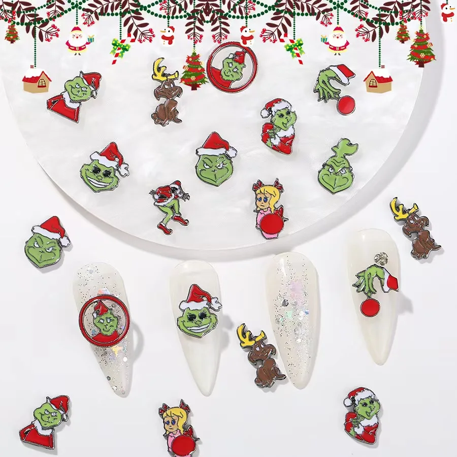 5Pcs/Bag New Funny 3D Green Haired Monster Cartoon Nail Art Cute Santa Claus Jingling Alloy Nail Charm Accessories