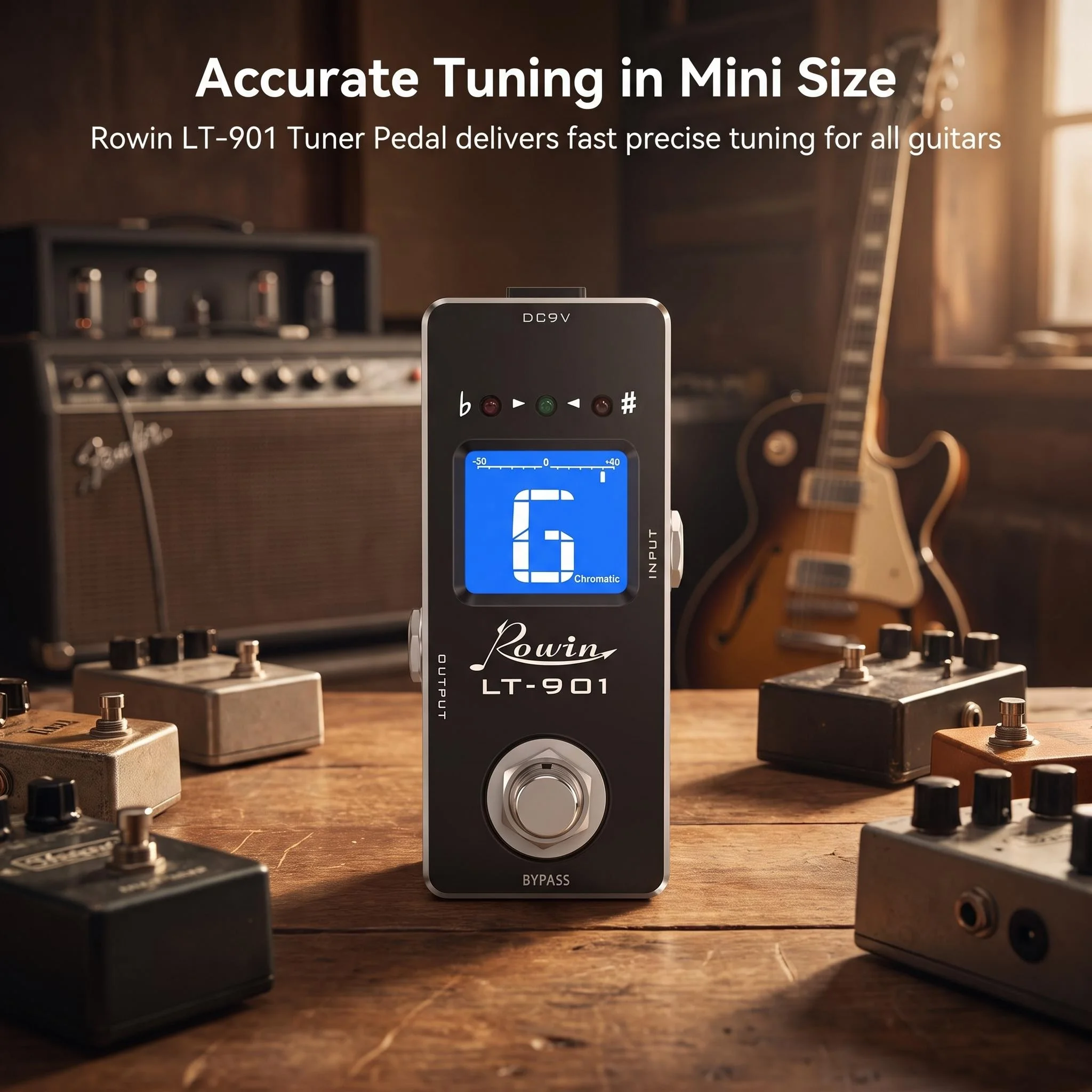 Rowin Guitar Effect Pedal Chromatic Tuning Lt-901 Mini Tuner Pitch True Bypass 9V for Guitar Bass Violin Ukulele LT-910