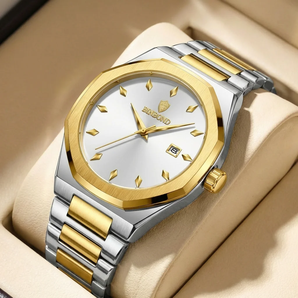 

1pc Fashionable Temperament Watch with Two-Tone Strap, Octagonal Bezel, Simple Dial with Calendar, Daily Commuting