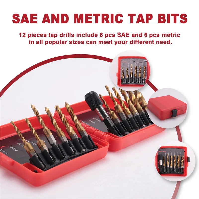 F-T Titanium Combination Drill Tap Bit Set 13PCS SAE And Metric Tap Bits Kit For Screw Thread Drilling Tapping Deburring