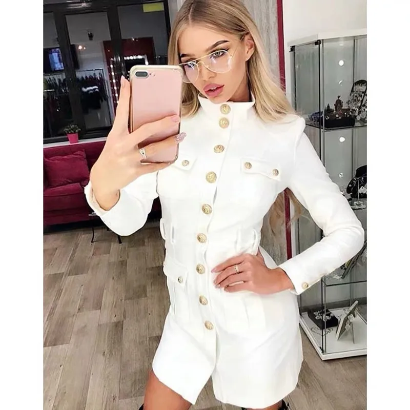 White High Collar Single-Breasted Slim Dress for Women 2023 Spring and Autumn New Versatile Long Sleeves Black Dresses Female