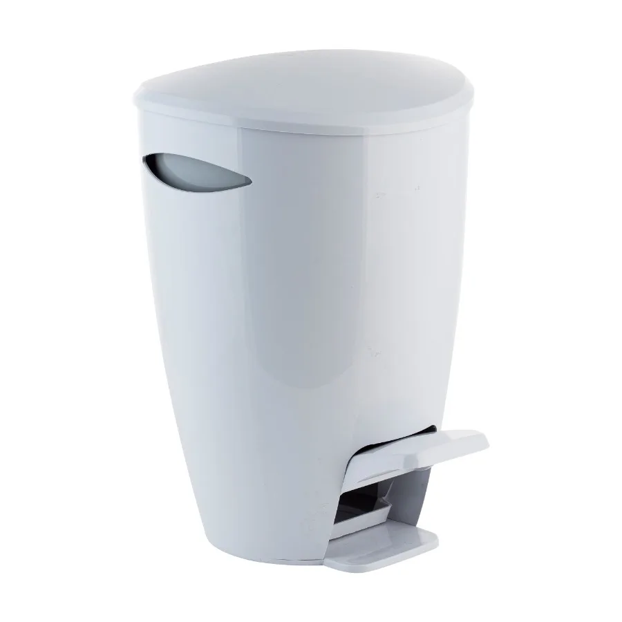 

1.3 Gal White Contour Step Pedal Plastic Bathroom Wastebasket for Compact Spaces with Easy-Step Foot Operation and Sleek Modern