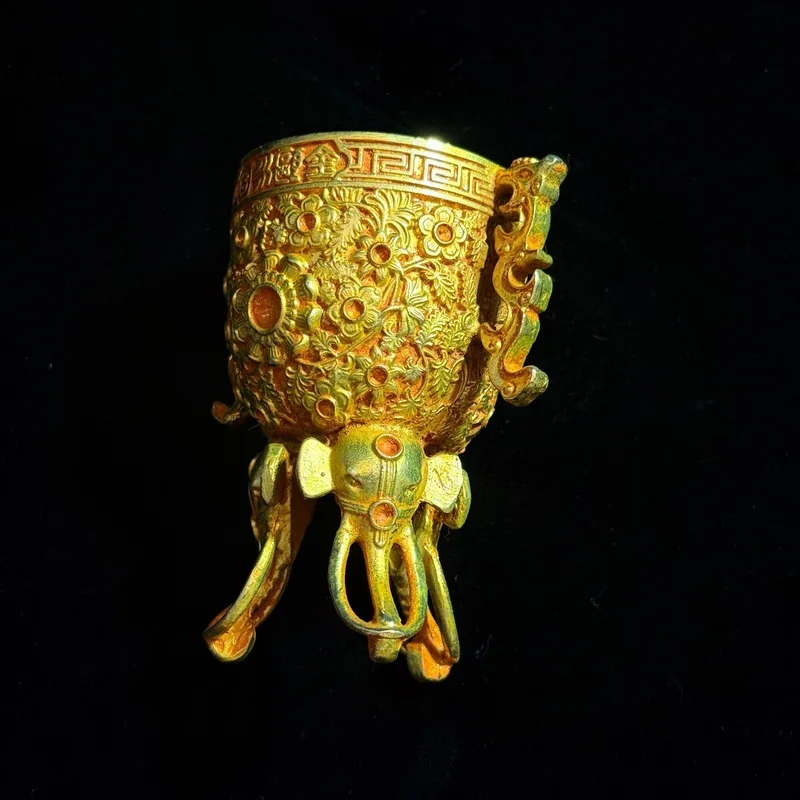 Antiqued gilded copper elephant leg wine glass with gemstone inlay, exquisite craft ornament