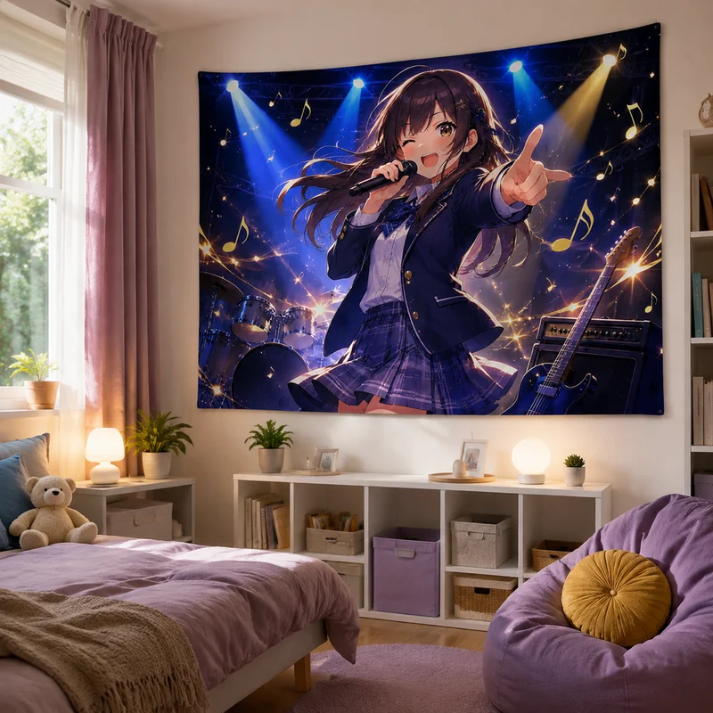 VIKAMA Rock Concert Anime Tapestry, Soft Wall Fabric with a Print of a Girl Singing on Stage in a School Uniform, Home Decor