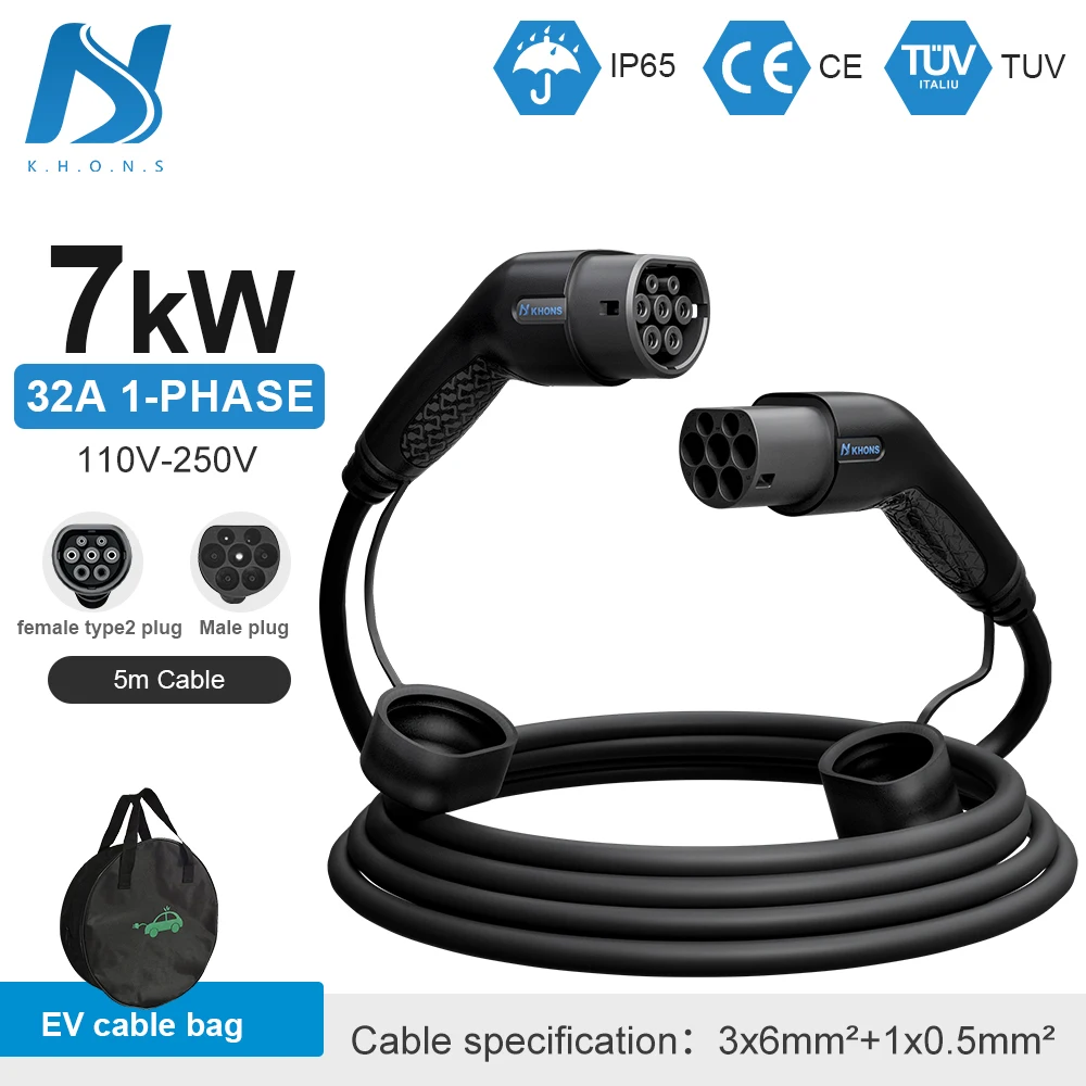 Khons 7KW Cavo EV da Type2 a Type2 Ev Ricarica 32A Cavo EV Type2 Spina femmina-maschio EVES Stazioni