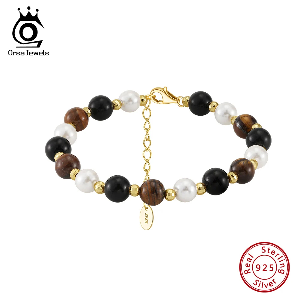 

ORSA JEWELS Fashion Natural Crystal Bracelet New 925 Sterling Silver Tiger's eye Bracelet for Women Birthday Jewelry Gift GMB62