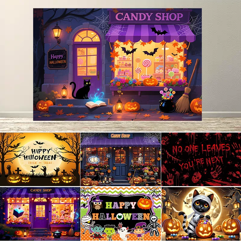 

Happy Halloween Party Decor Background Graveyard Pumpkin Lights Witch Broom Halloween Eve Moon Horror Theme Photography Backdrop
